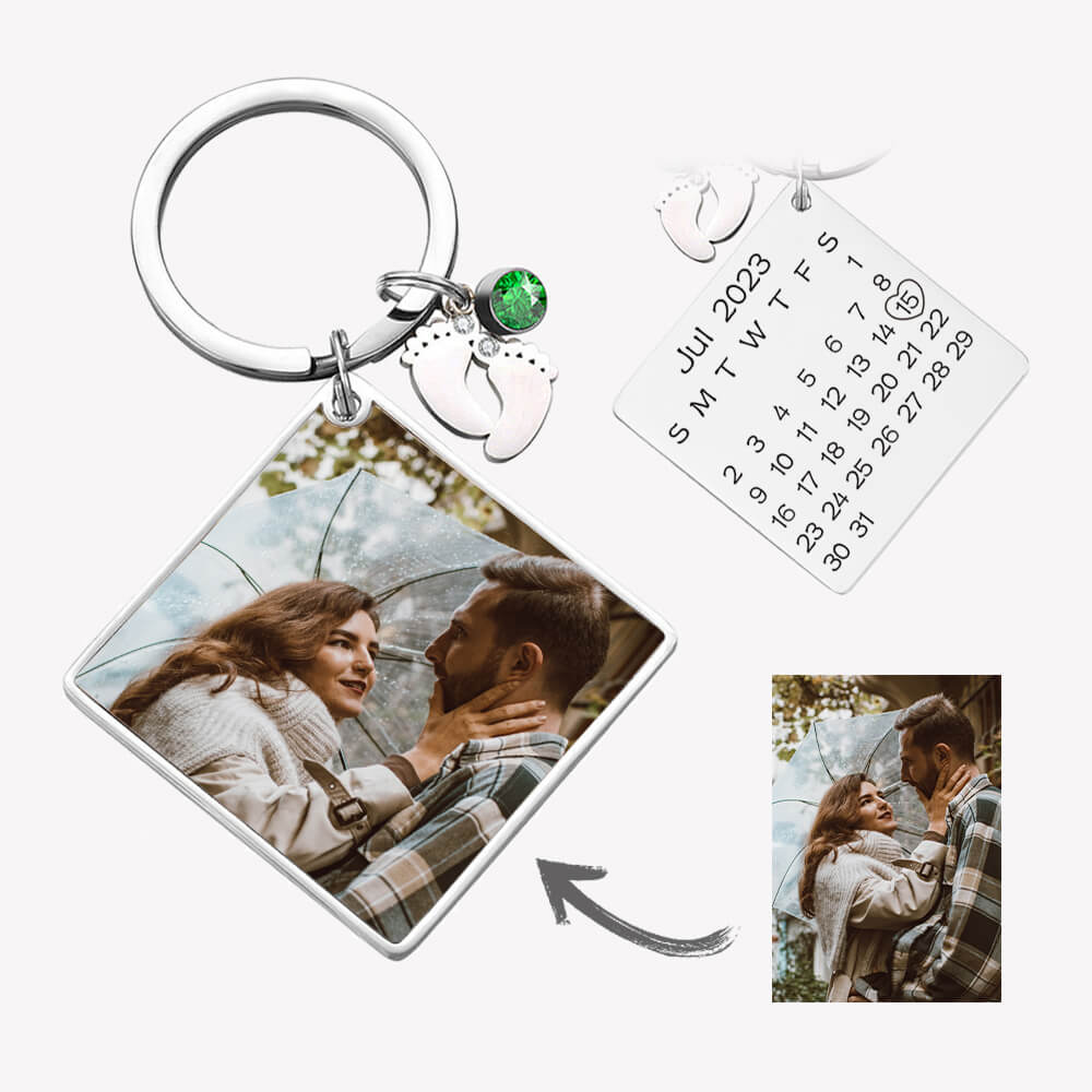 Custom Color  Photo Date Calendar Engraving Keychain Square Pendant Keyring Gift