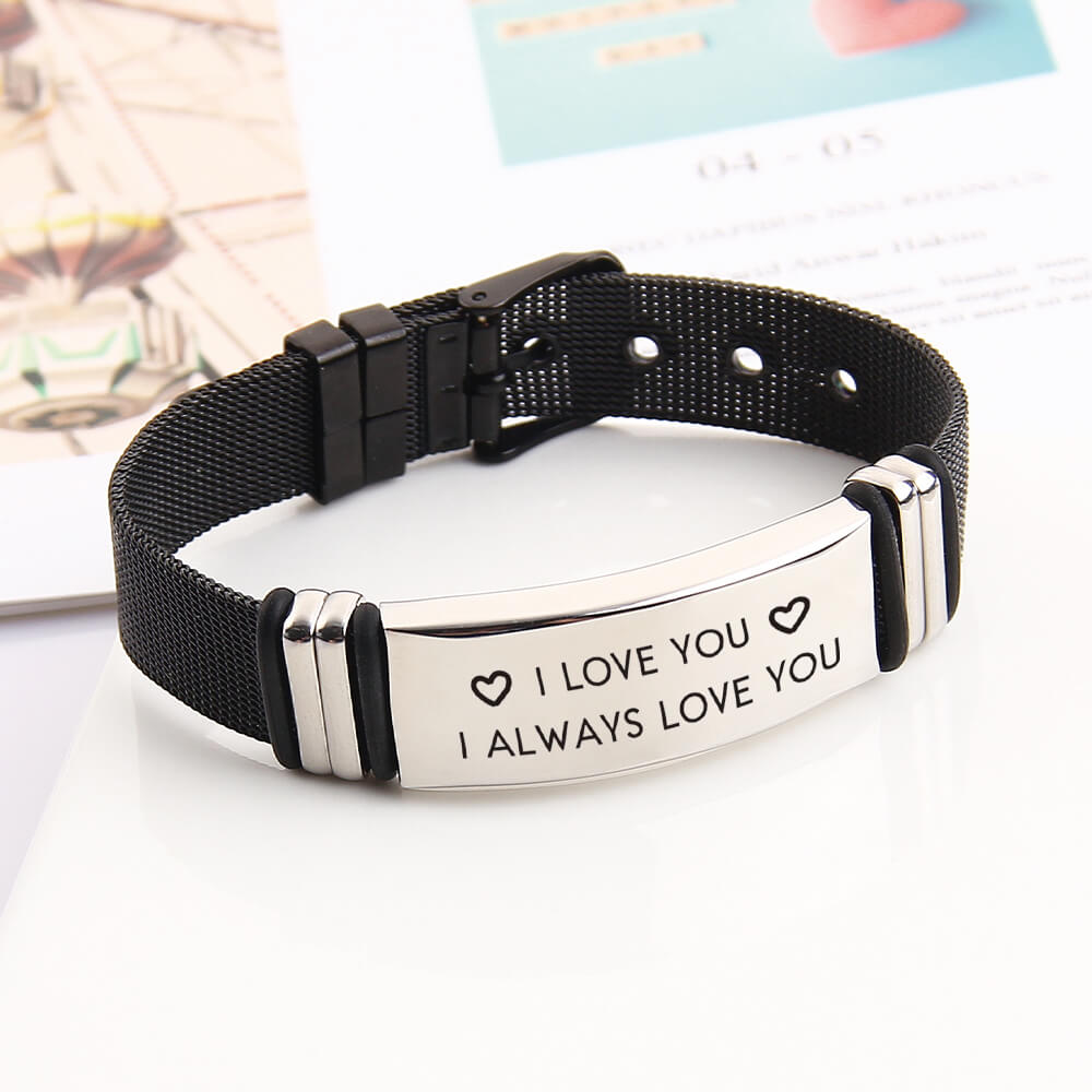 Black Strap Adjustable Bar Personalized Engraved Bracelet