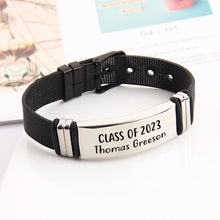Bar Text Engraving Personalized Custom Black Stainless Steel Strap Bracelet Graduation Gift