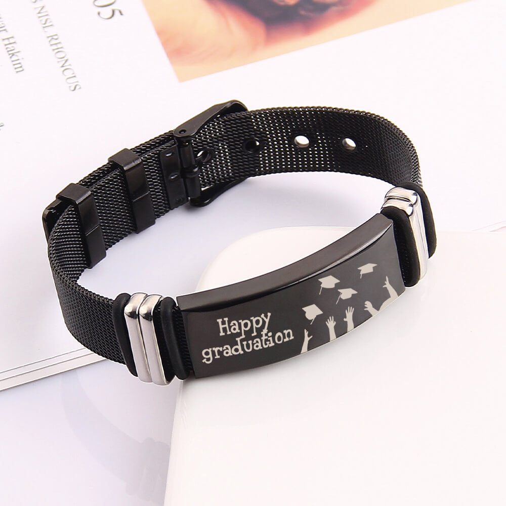 Bar Text Engraving Personalized Custom Black Stainless Steel Strap Bracelet Graduation Gift