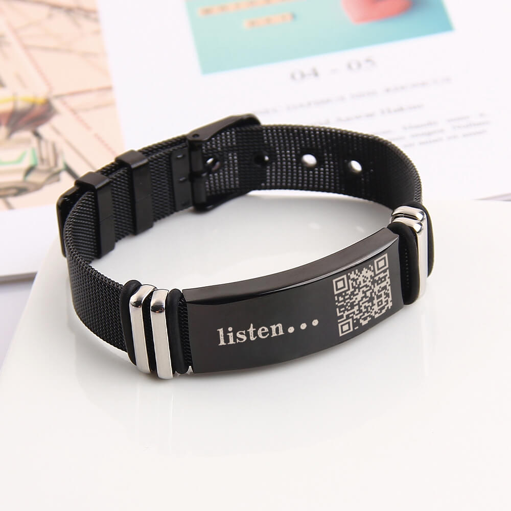 Music or Voice QR Code Engraving Personalized Custom Black Stainless Steel Strap Bracelet