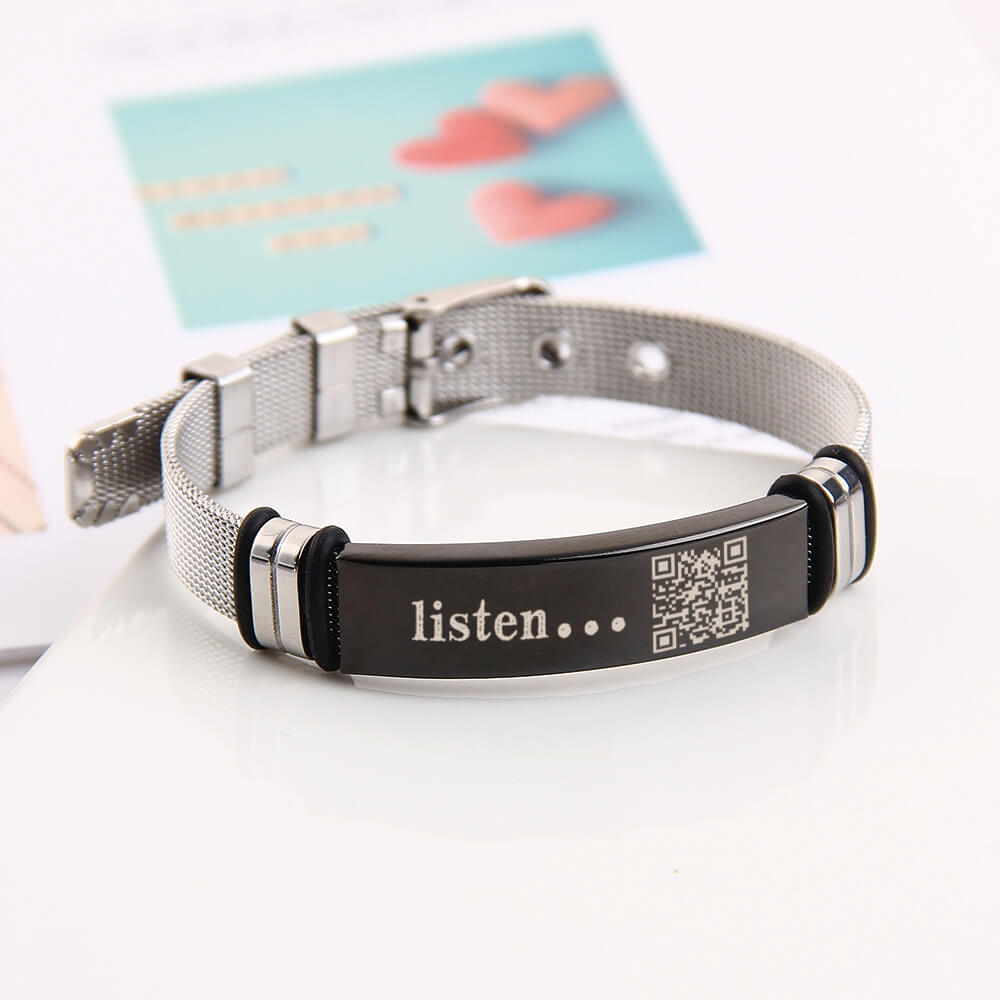 Voice QR Code Silver Stainless Steel Personalized Engravable Strap Bracelet