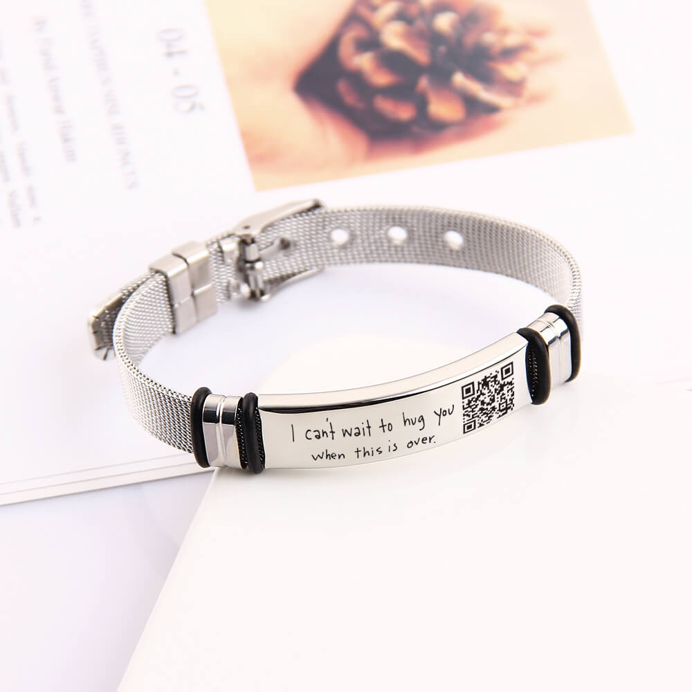 Voice QR Code Silver Stainless Steel Personalized Engravable Strap Bracelet