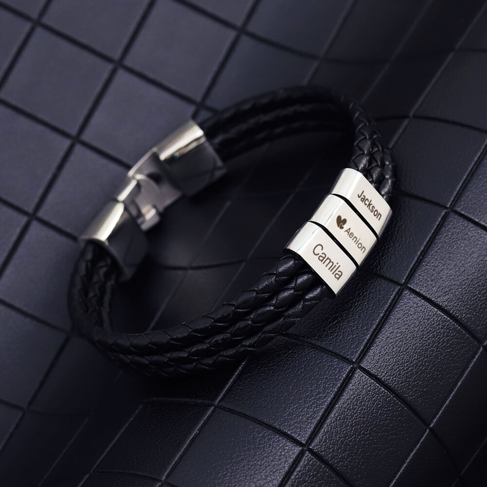 Personalized Custom Men's Retro Multi-layer Stainless Steel Lettering Braided Leather Bracelet