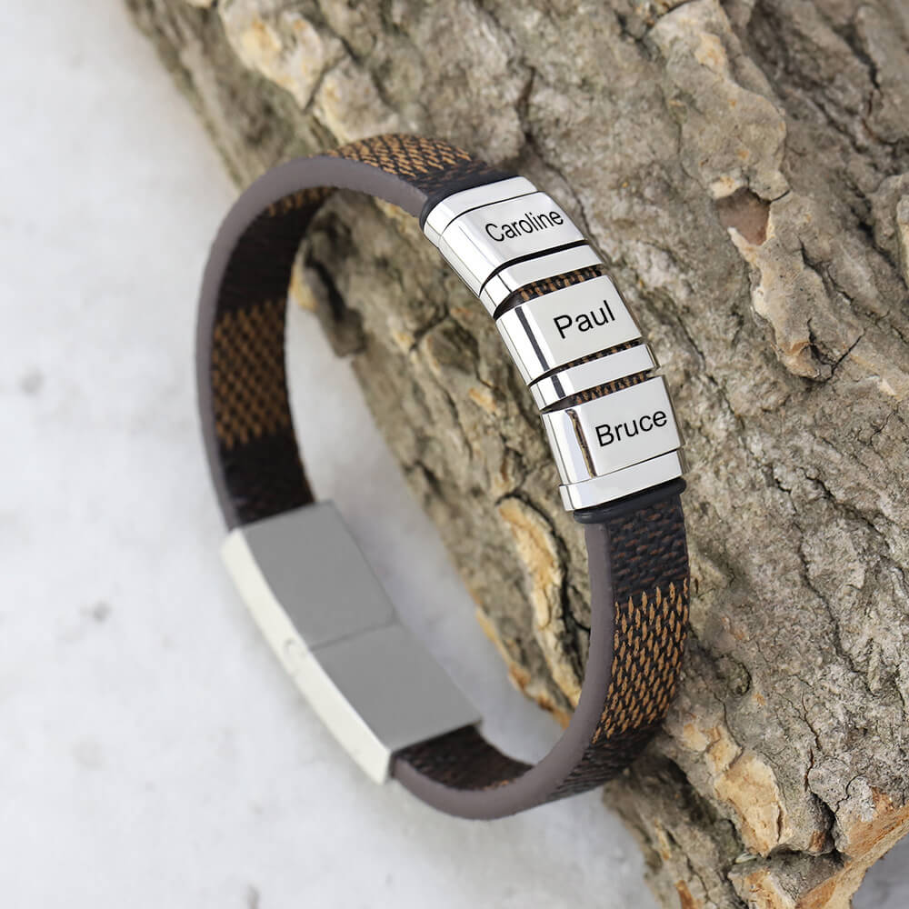 Fashion Personalized Engraved Name Stainless Steel Square Ring Bead Men Leather Bracelet