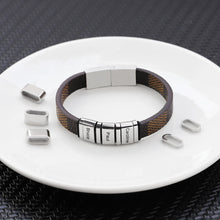 Fashion Personalized Engraved Name Stainless Steel Square Ring Bead Men Leather Bracelet