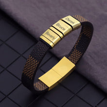 Fashion Personalized Engraved Name Stainless Steel Square Ring Bead Men Leather Bracelet