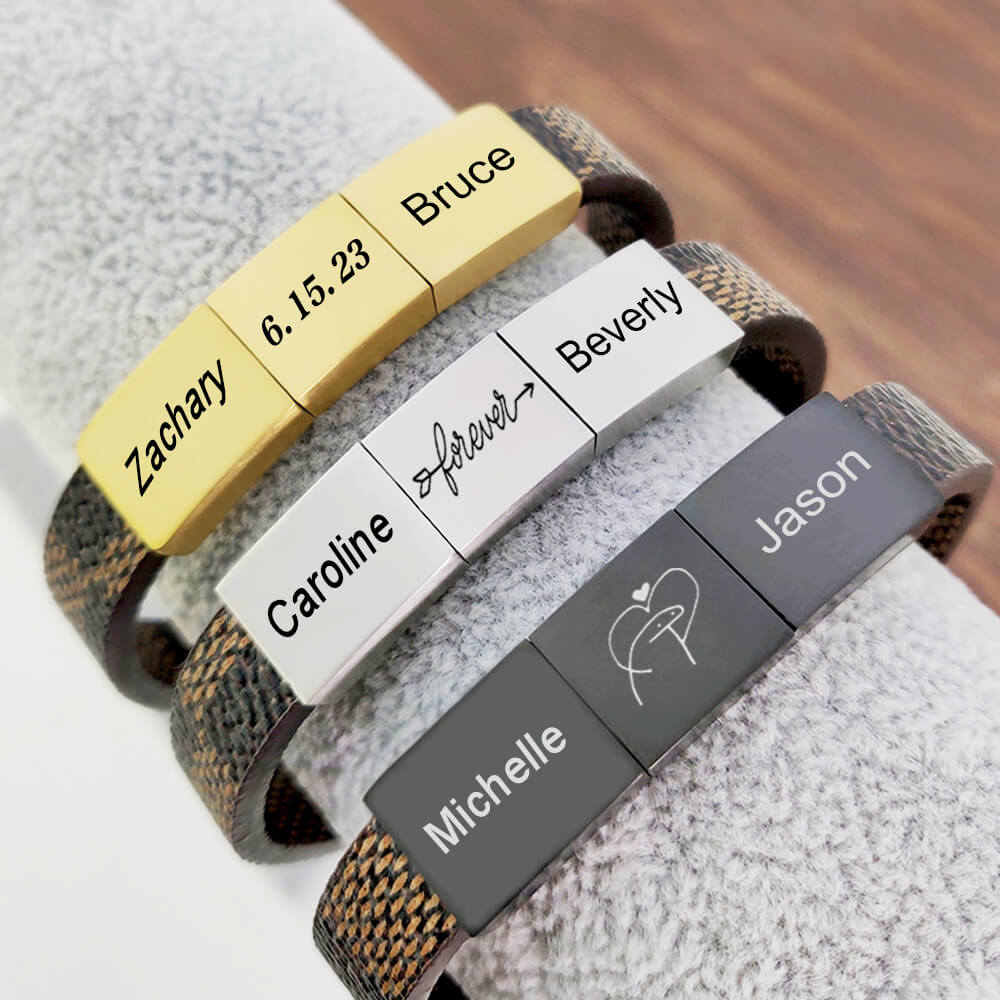 Personalized Engraved Stainless Steel Magnetic Leather Bracelet For Men