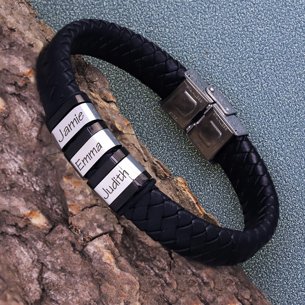 Silver Stainless Steel Customizable Black Braided Leather Men's Bracelet