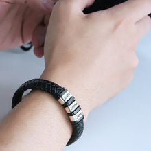 Silver Stainless Steel Customizable Black Braided Leather Men's Bracelet