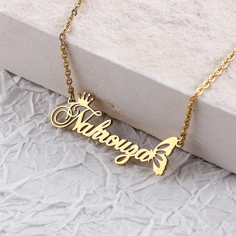 Personalized Crown Butterfly Cut-Out Name Necklace