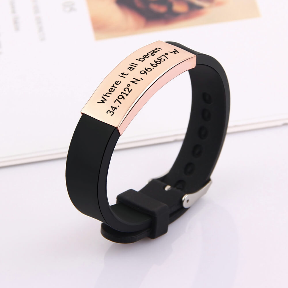 Black Rubber Adjustable Strap Bracelet Custom Text